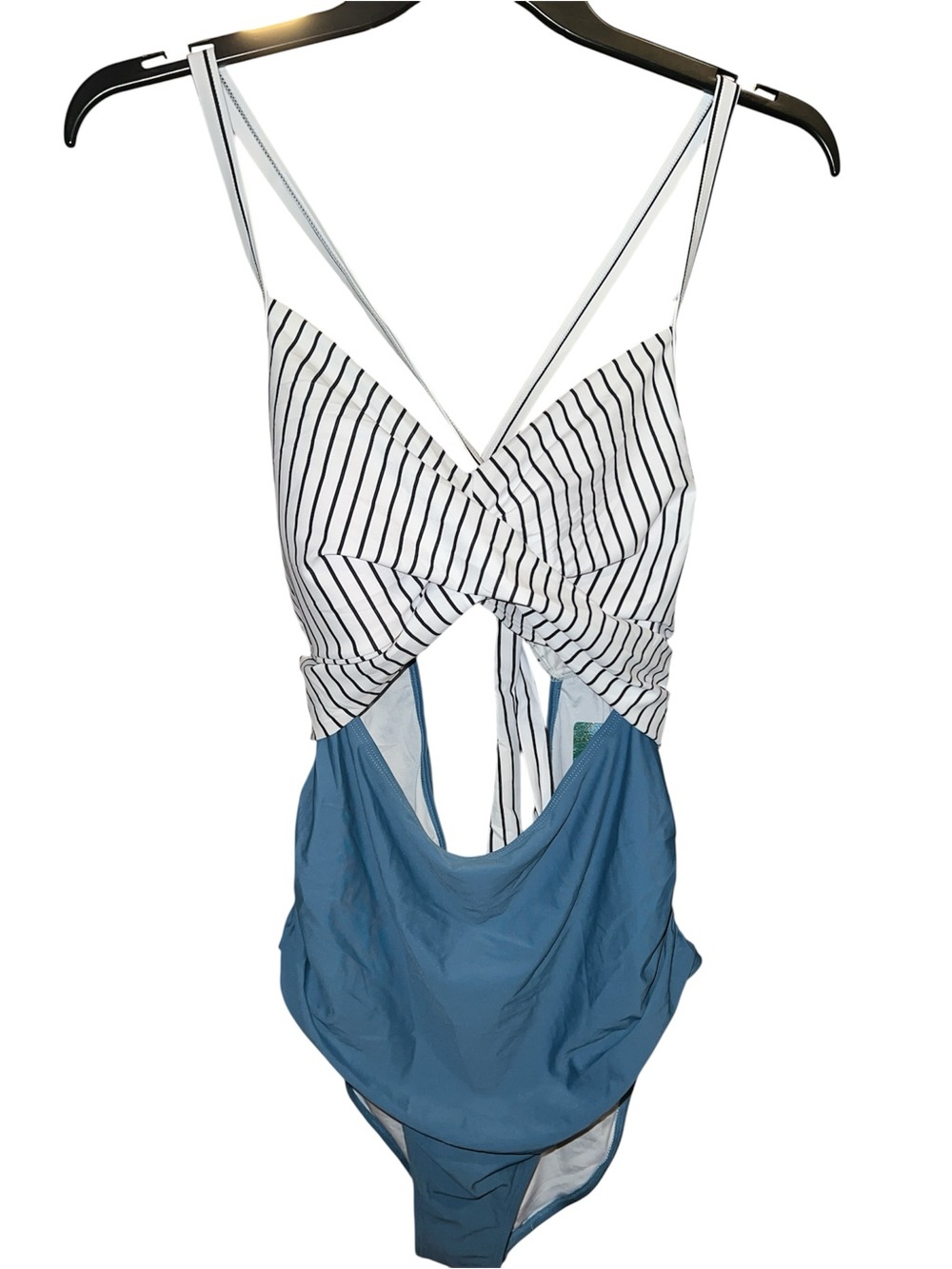 Striped Twist Front One-Piece Swimsuit in White & Blue
